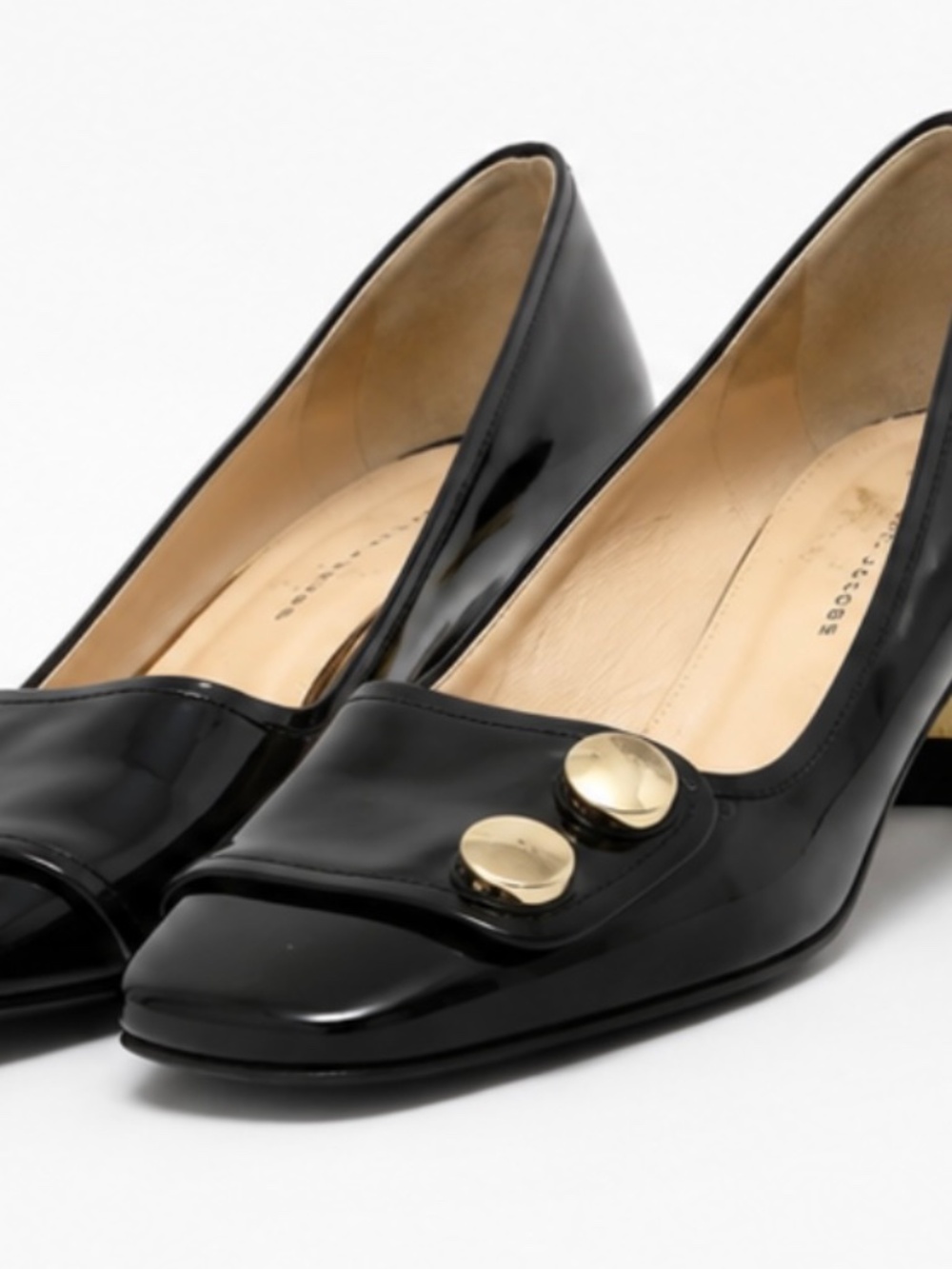 Marc Jacobs Black Patent Leather Pumps 7.5 US Square Toe Gold Chunky Block Heel - Picture 5 of 7